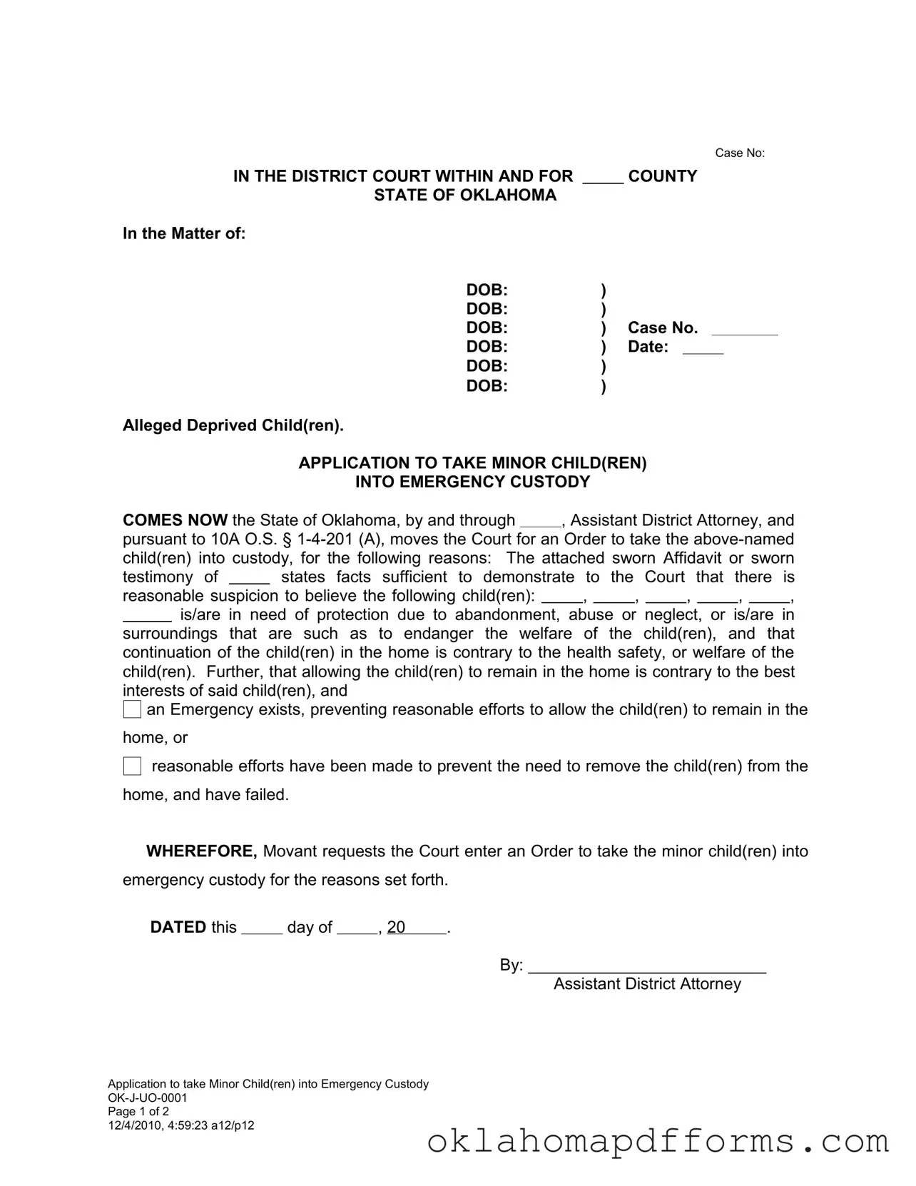Fill Your Emergency Custody Oklahoma Form