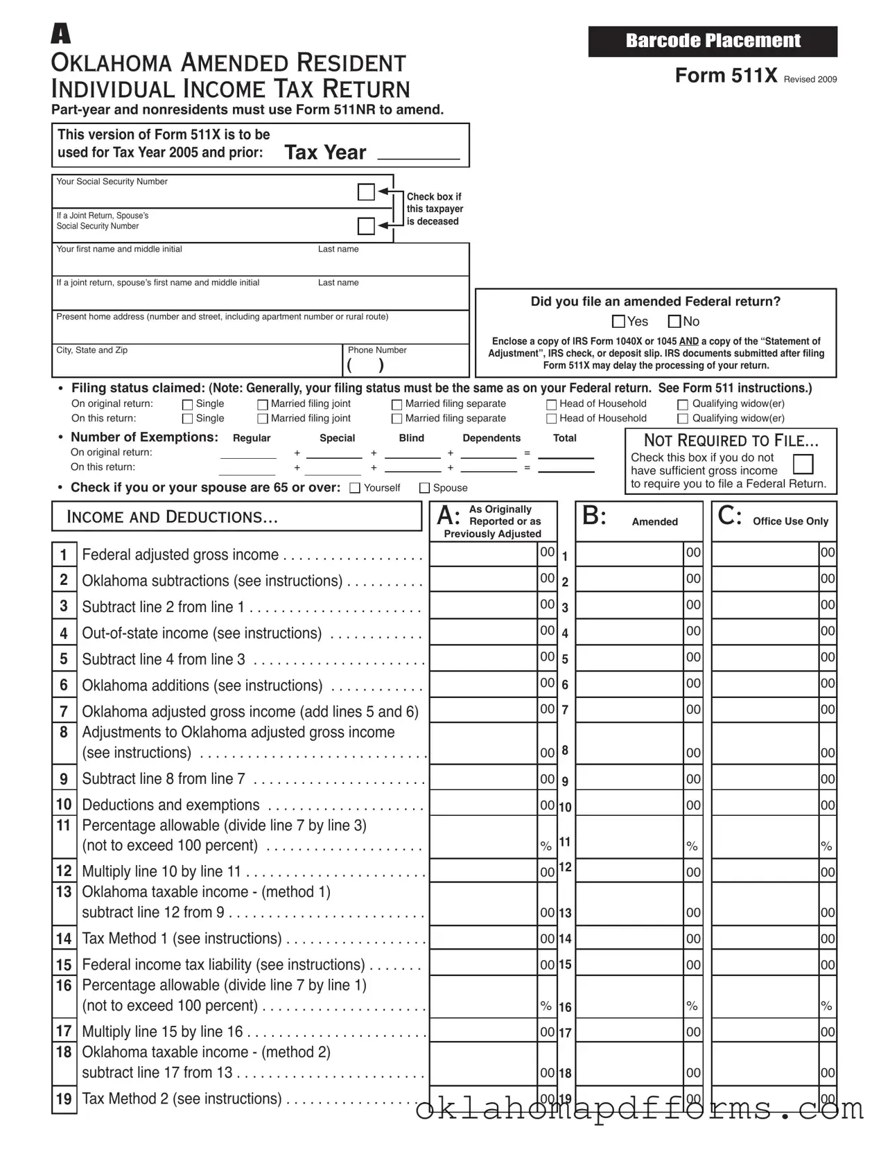 Fill Your Oklahoma 511X Form