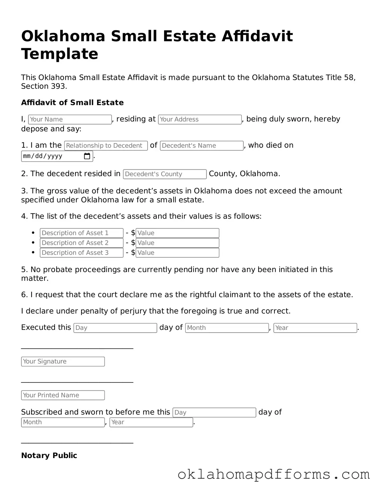 Free Small Estate Affidavit Document for the State of Oklahoma