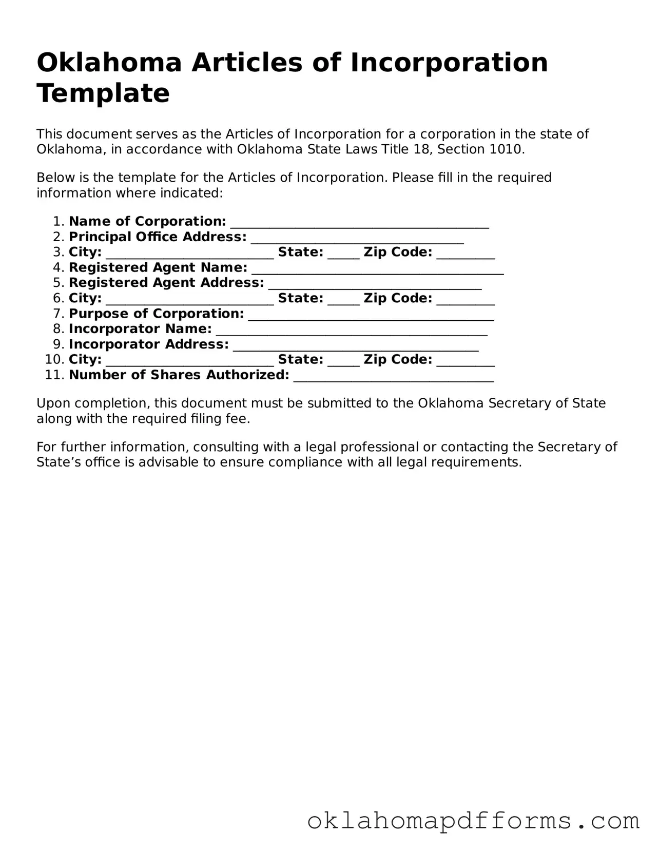 Free Articles of Incorporation Document for the State of Oklahoma