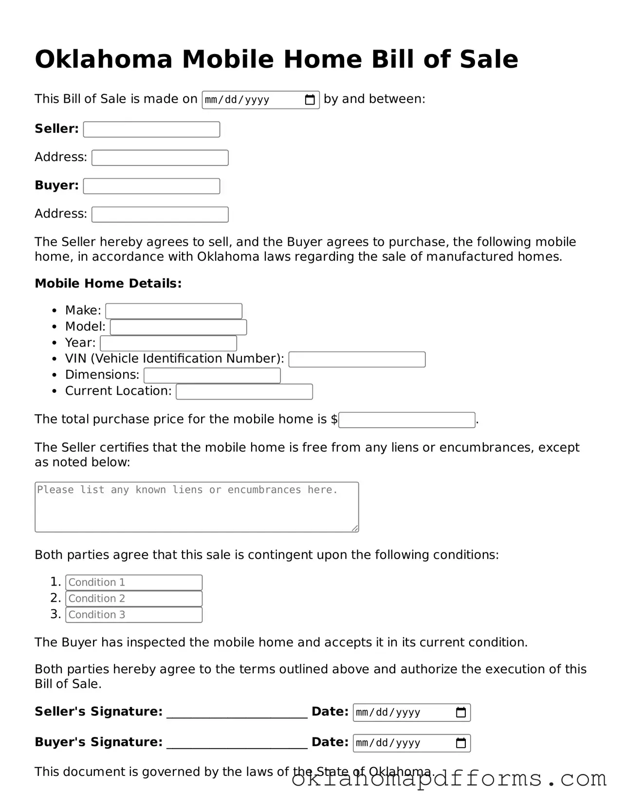Free Mobile Home Bill of Sale Document for the State of Oklahoma