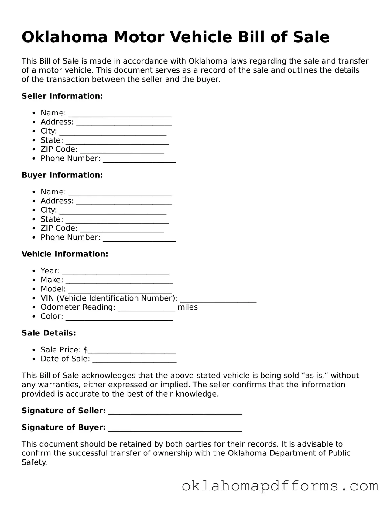Free Motor Vehicle Bill of Sale Document for the State of Oklahoma
