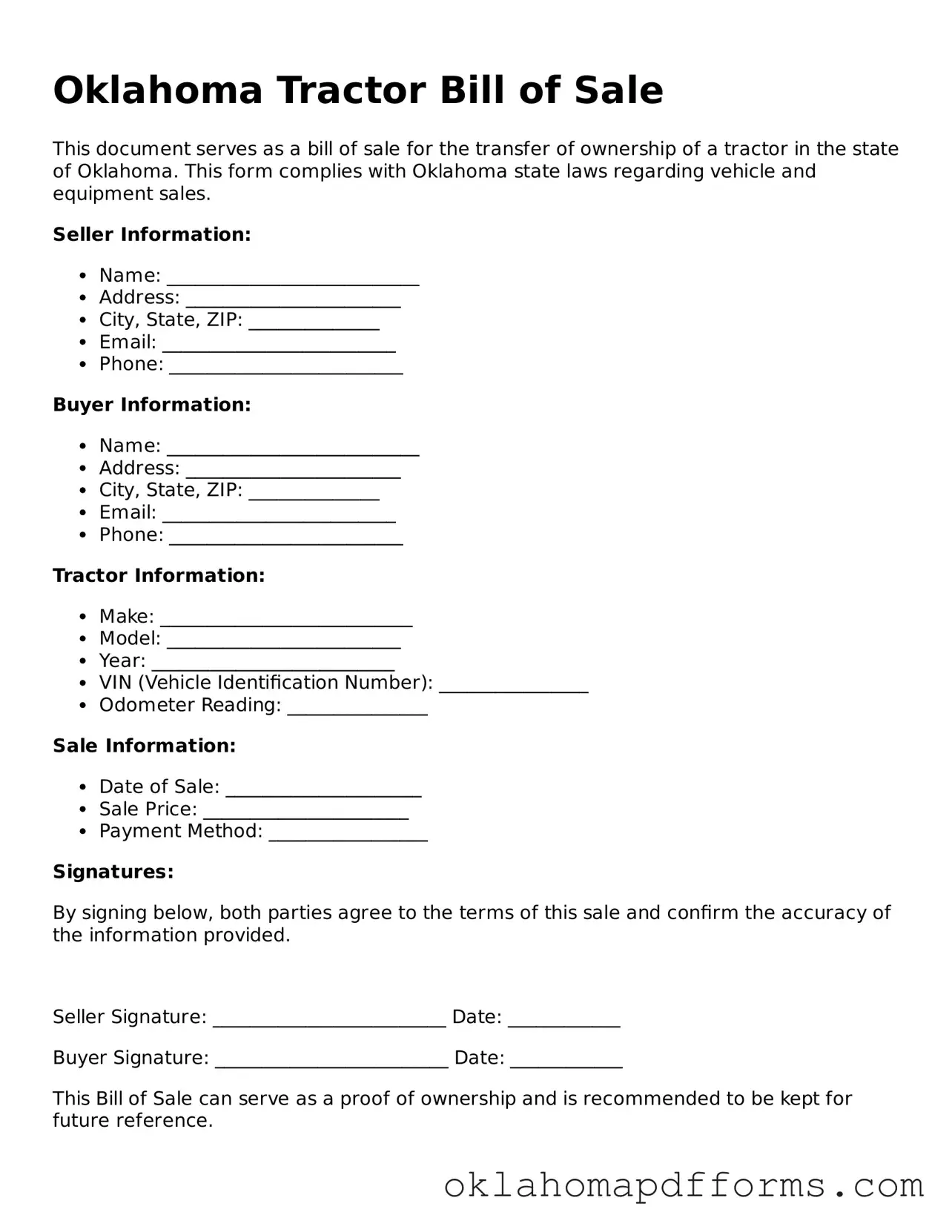 Free Tractor Bill of Sale Document for the State of Oklahoma
