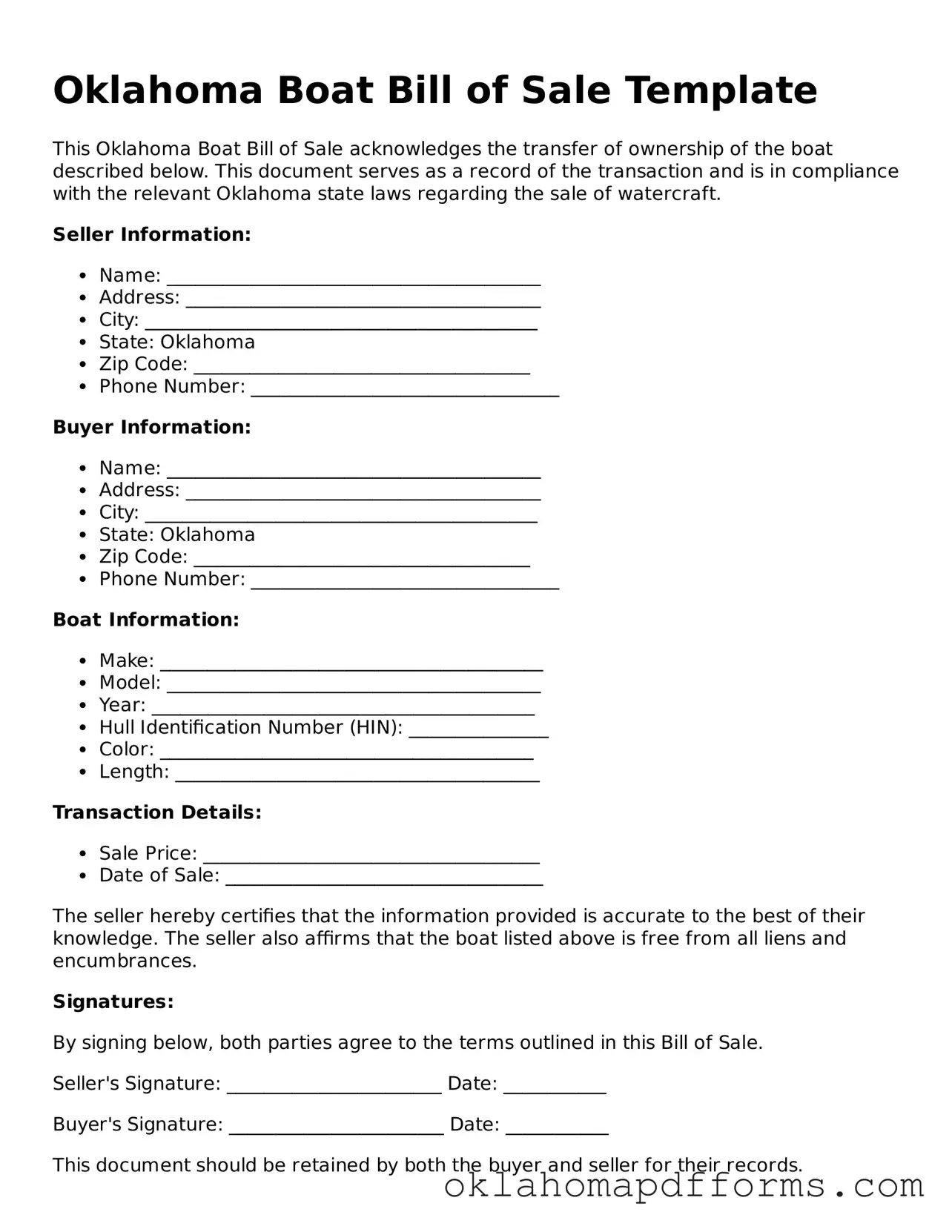 Free Boat Bill of Sale Document for the State of Oklahoma