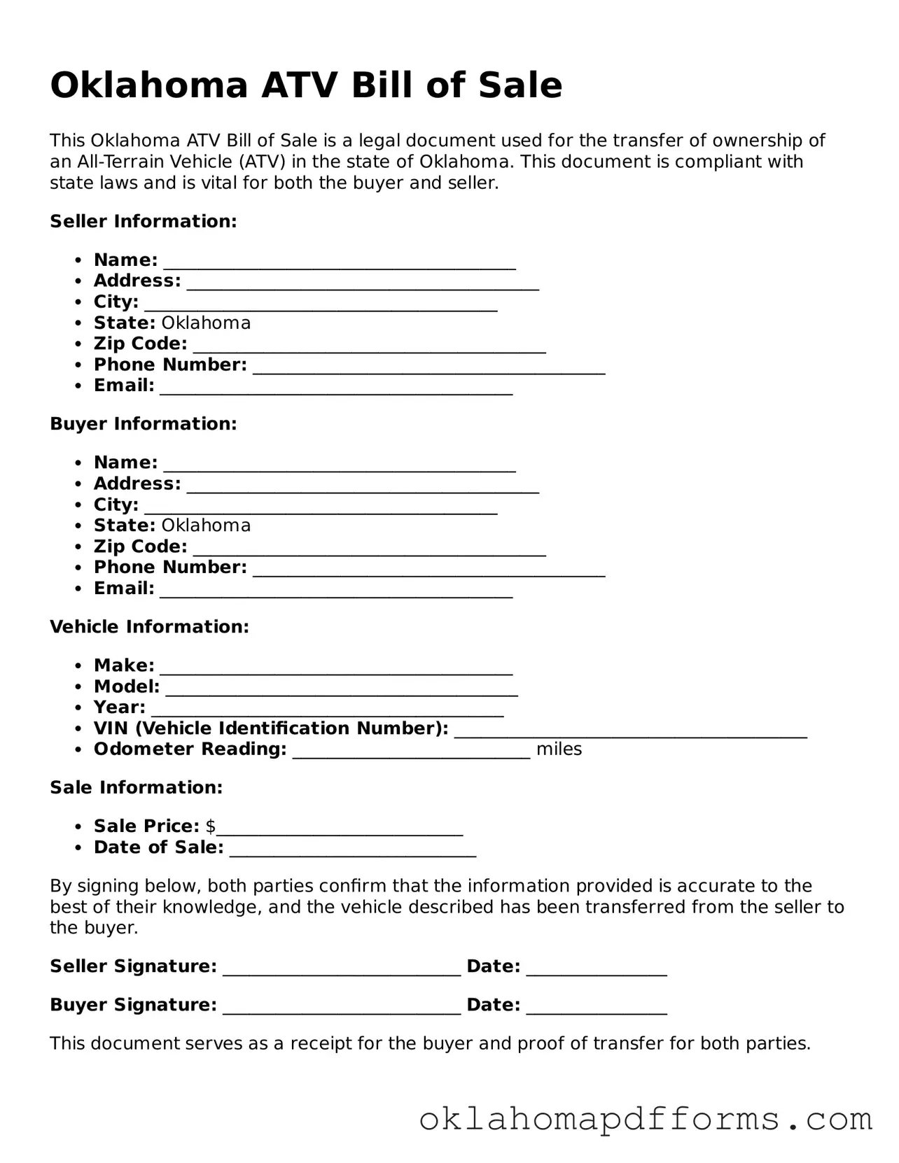 Free ATV Bill of Sale Document for the State of Oklahoma
