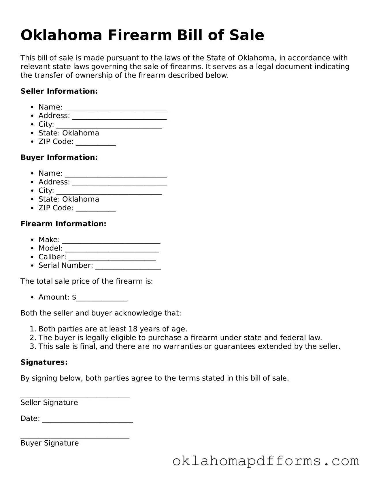Free Firearm Bill of Sale Document for the State of Oklahoma