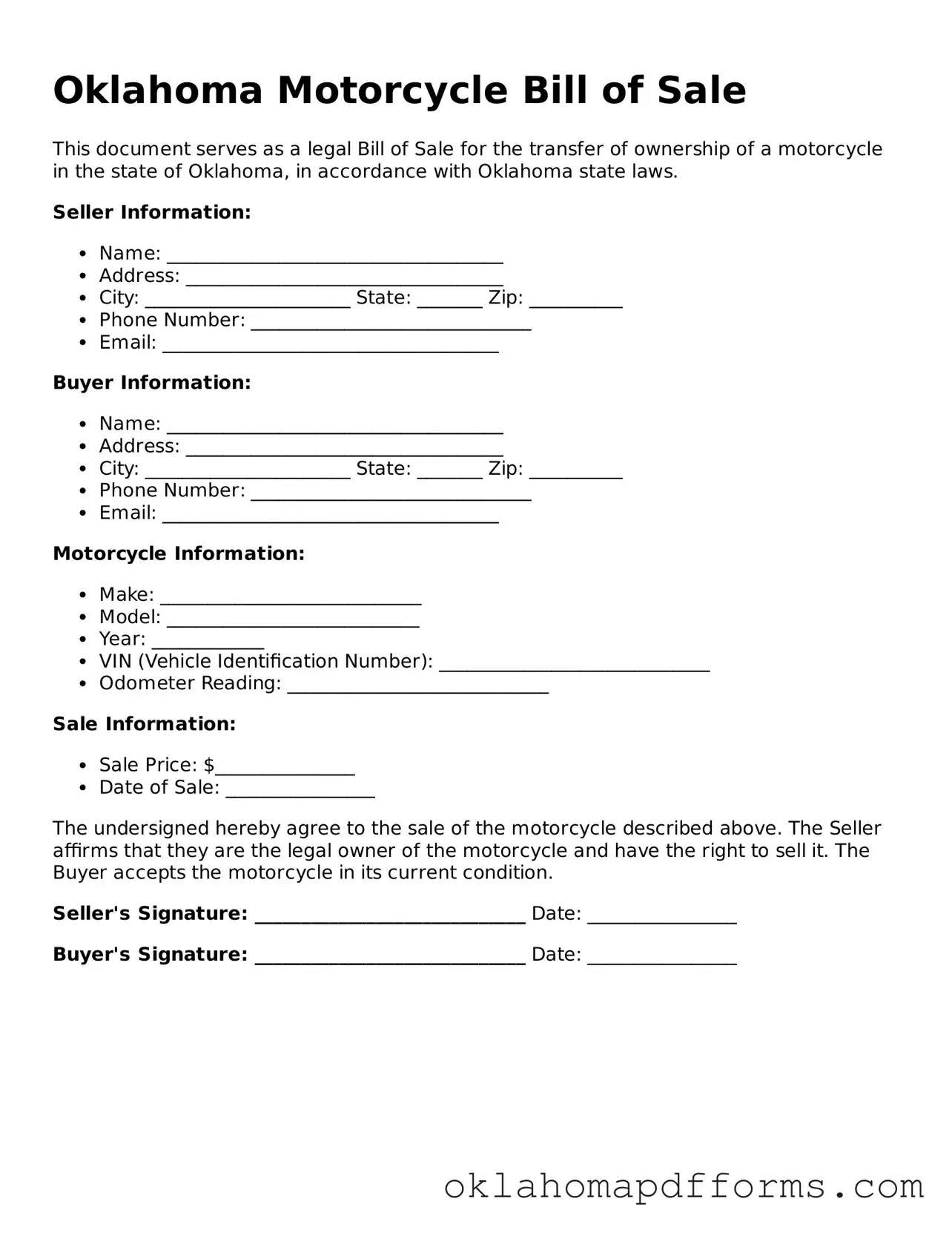 Free Motorcycle Bill of Sale Document for the State of Oklahoma