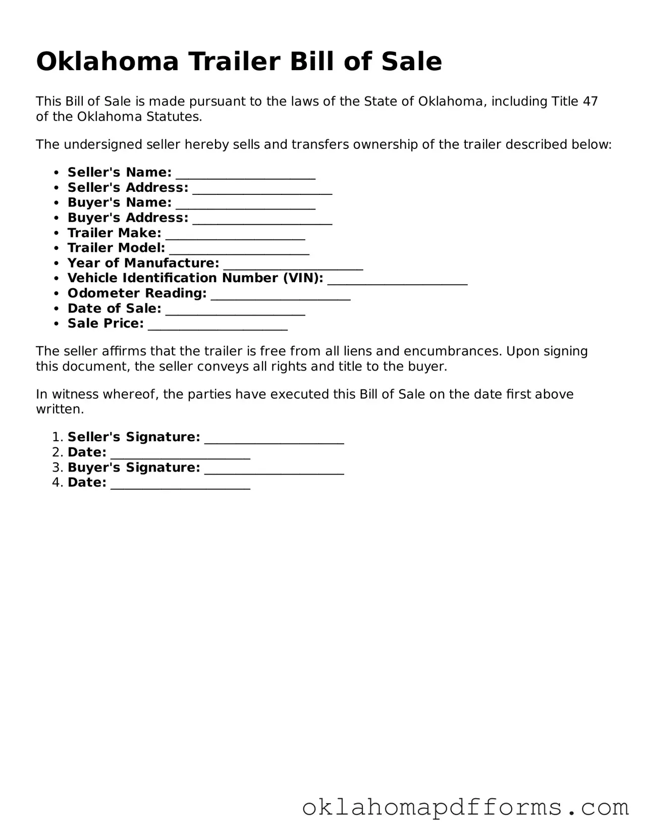 Free Trailer Bill of Sale Document for the State of Oklahoma