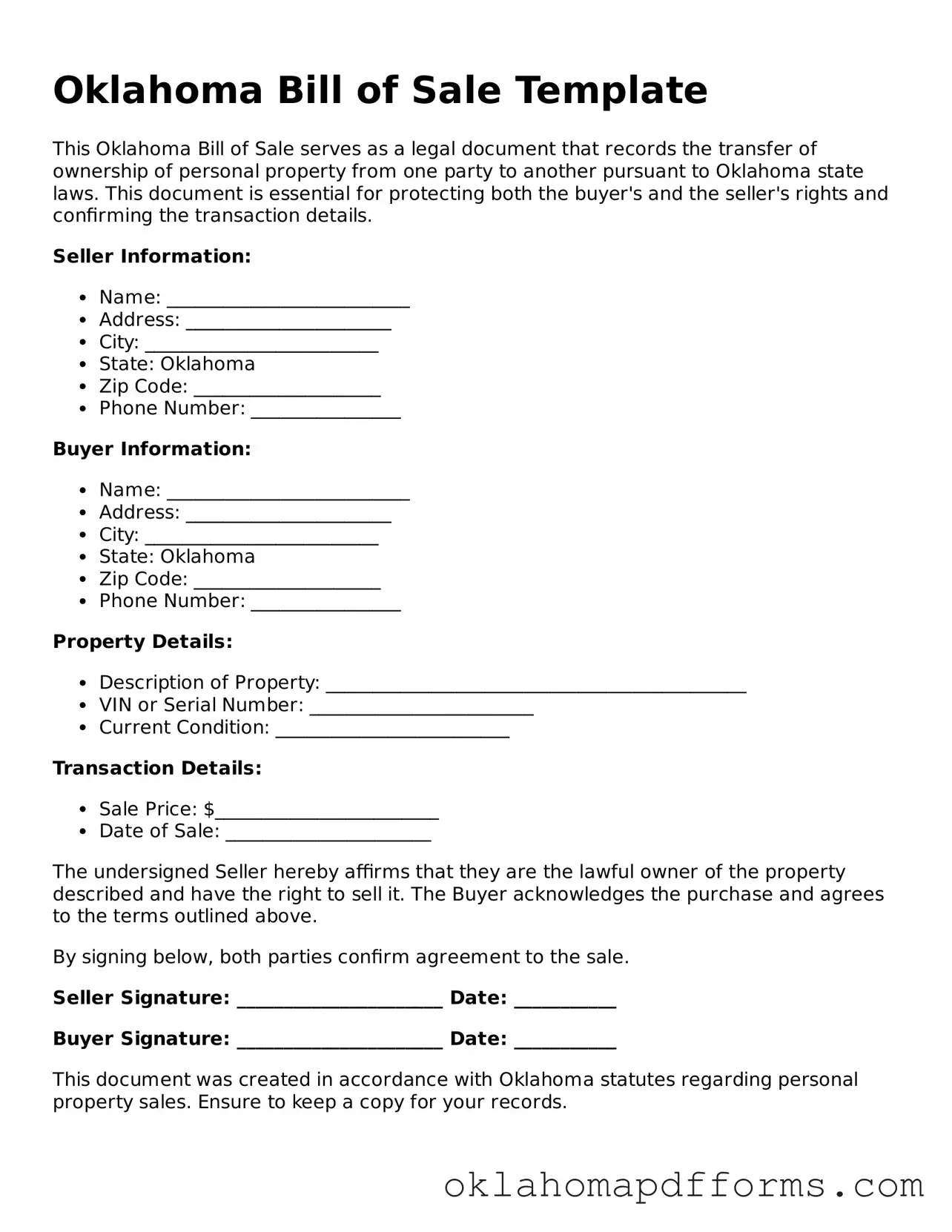 Free Bill of Sale Document for the State of Oklahoma