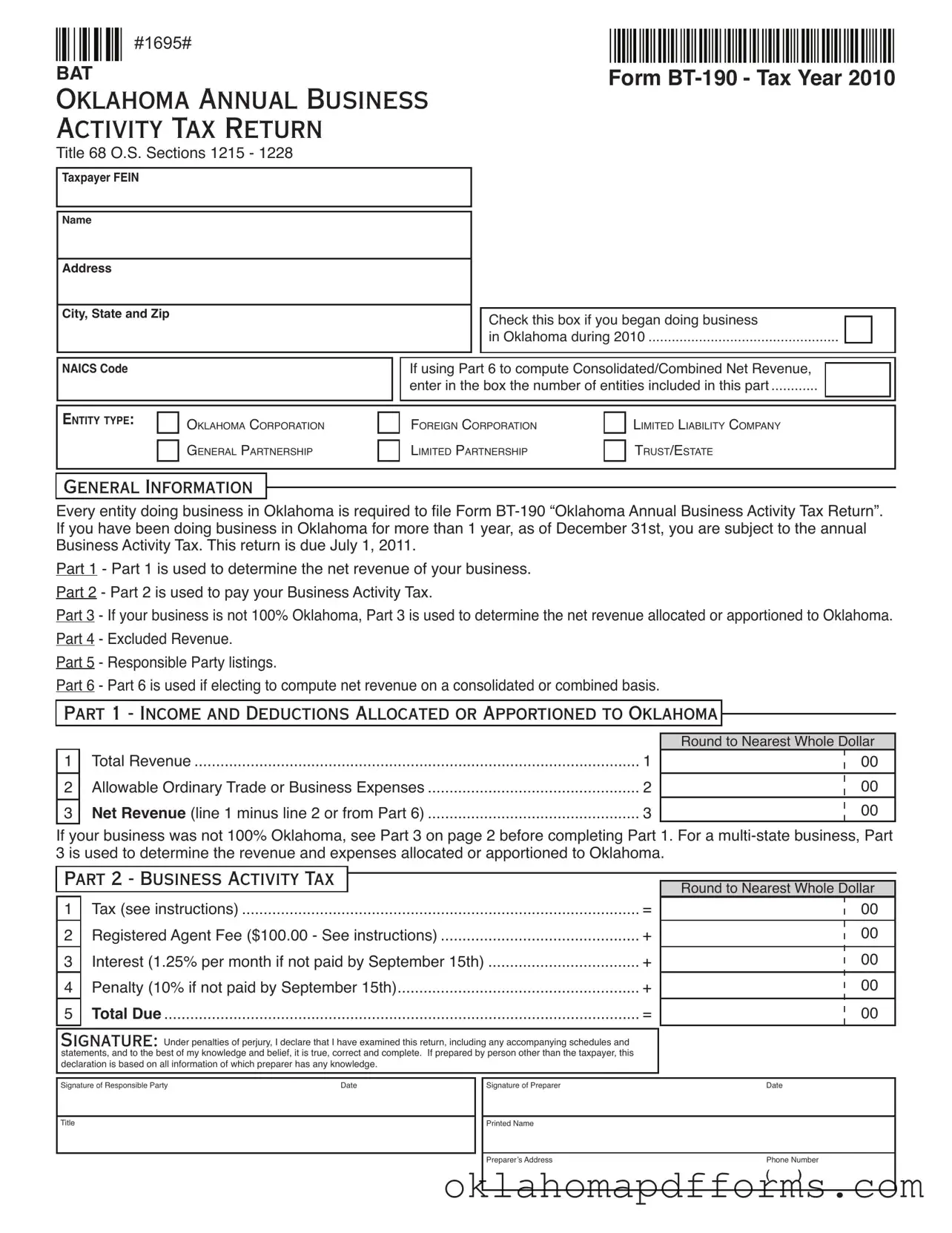 Fill Your Oklahoma Bt 190 Form
