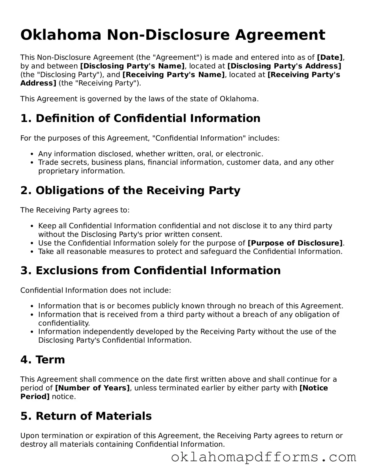 Free Non-disclosure Agreement Document for the State of Oklahoma