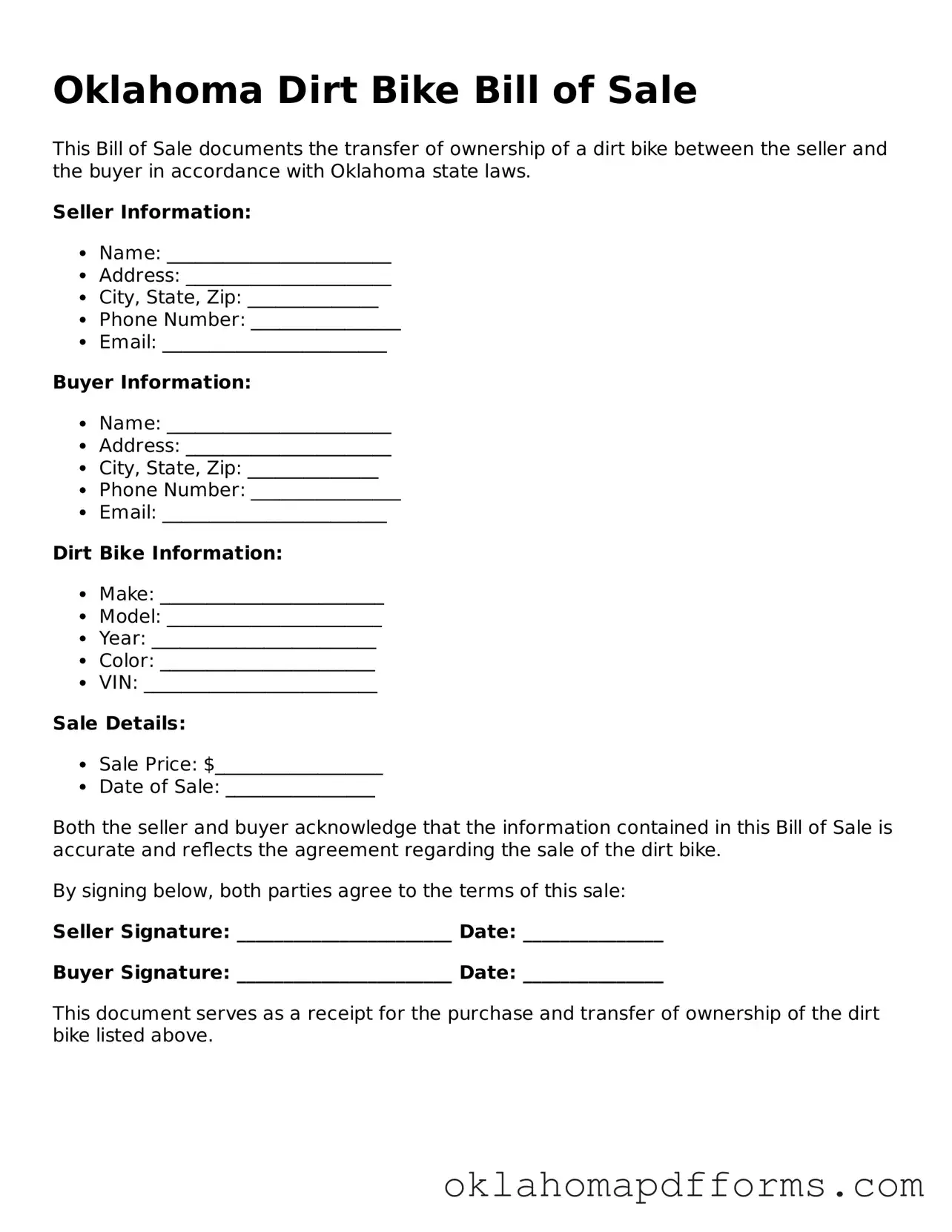 Free Dirt Bike Bill of Sale Document for the State of Oklahoma
