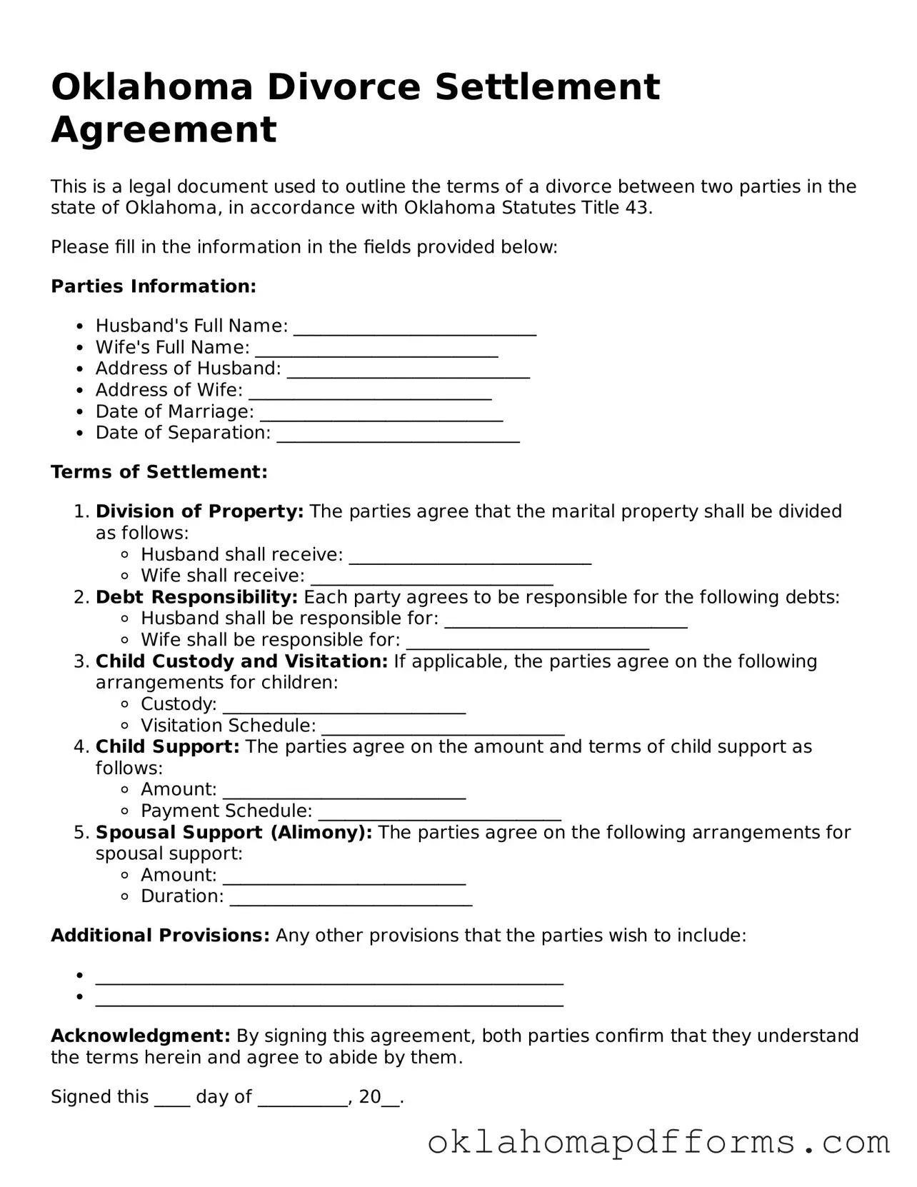 Free Divorce Settlement Agreement Document for the State of Oklahoma
