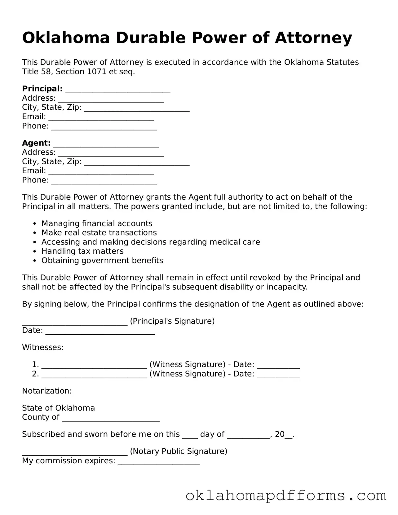Free Durable Power of Attorney Document for the State of Oklahoma