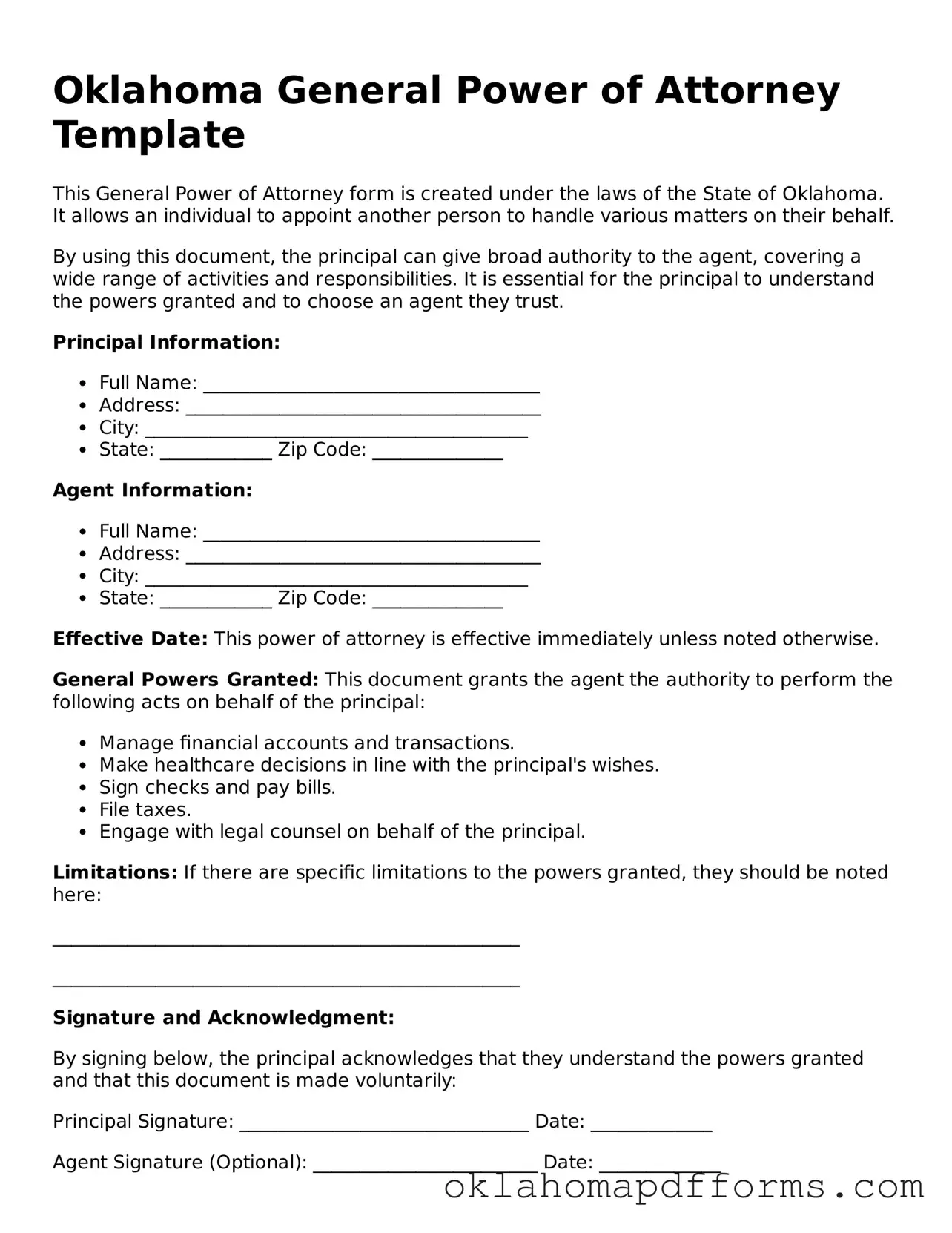 Free General Power of Attorney Document for the State of Oklahoma