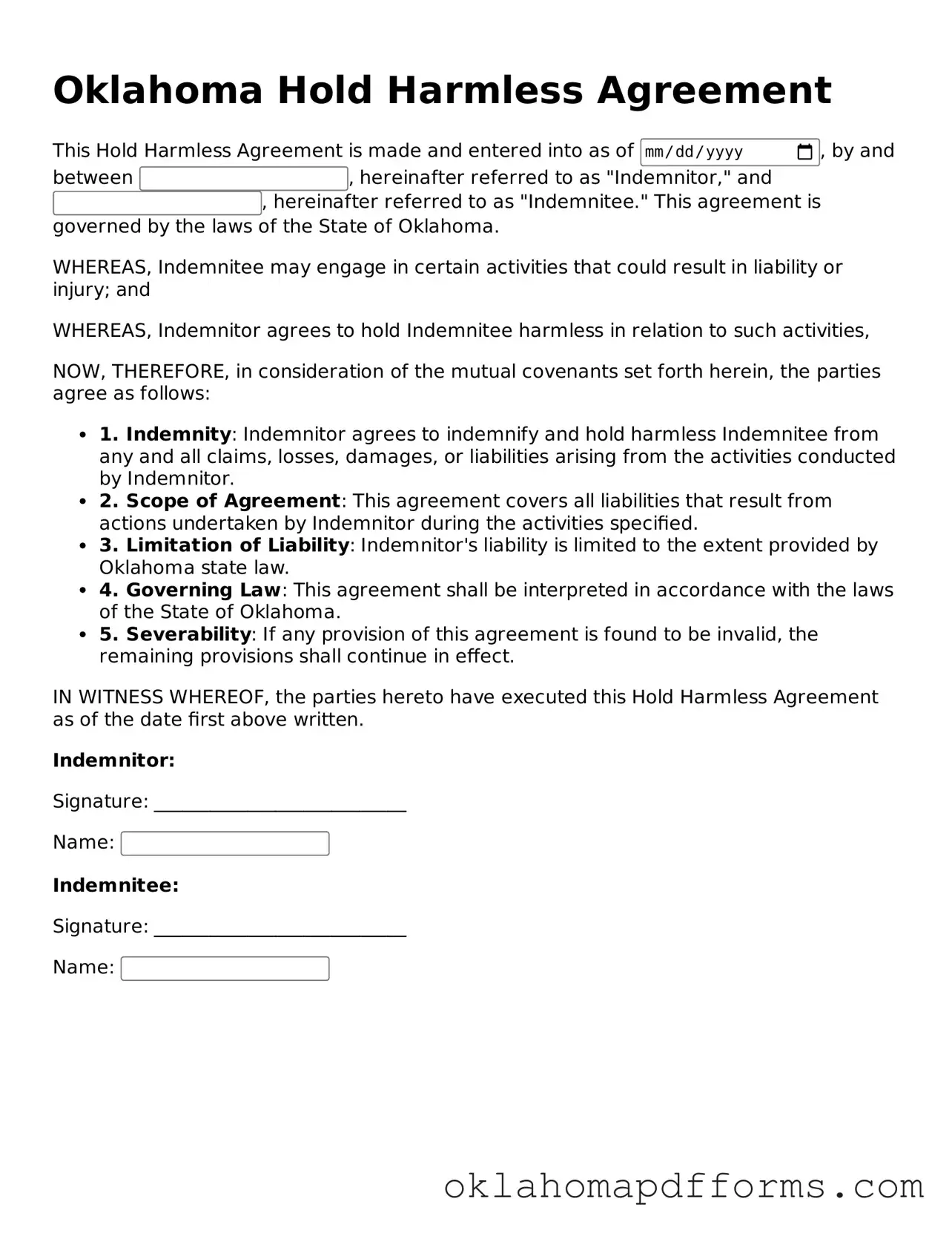 Free Hold Harmless Agreement Document for the State of Oklahoma