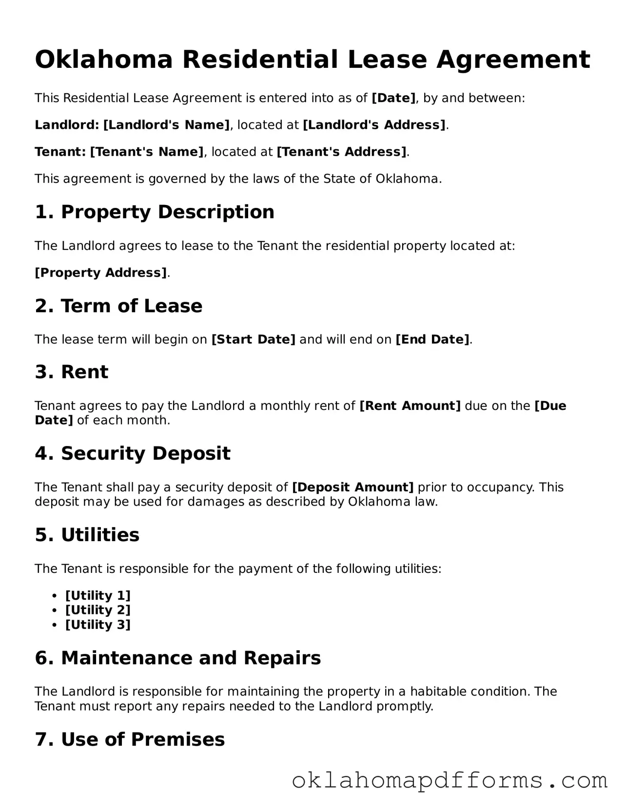 Free Residential Lease Agreement Document for the State of Oklahoma