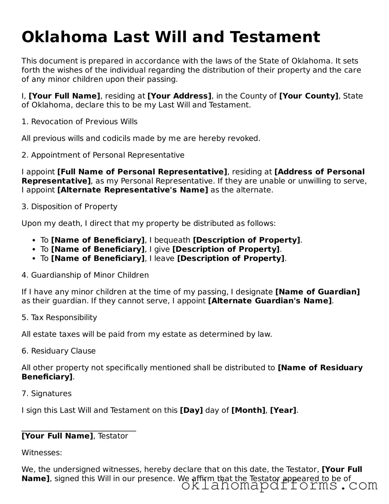Free Last Will and Testament Document for the State of Oklahoma