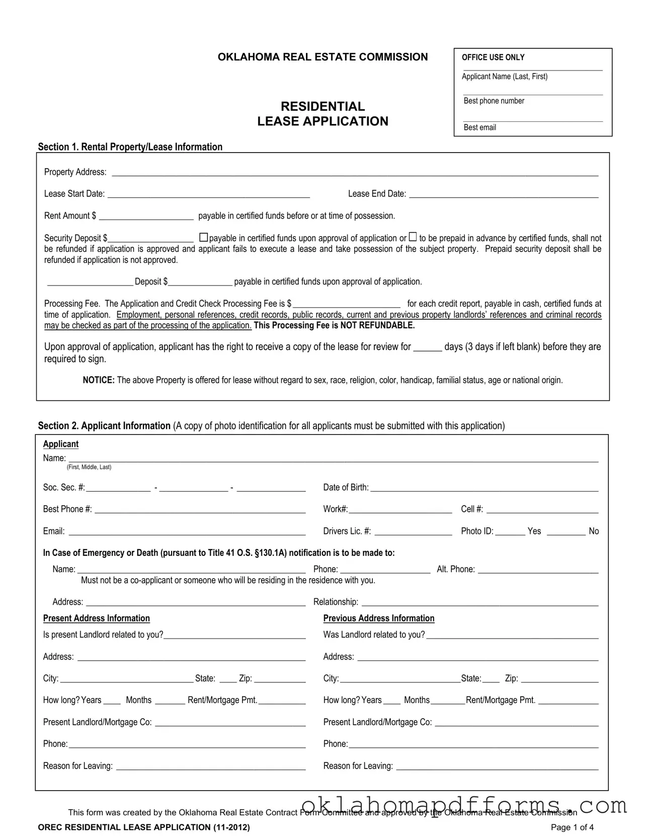 Fill Your Oklahoma Lease Application Form