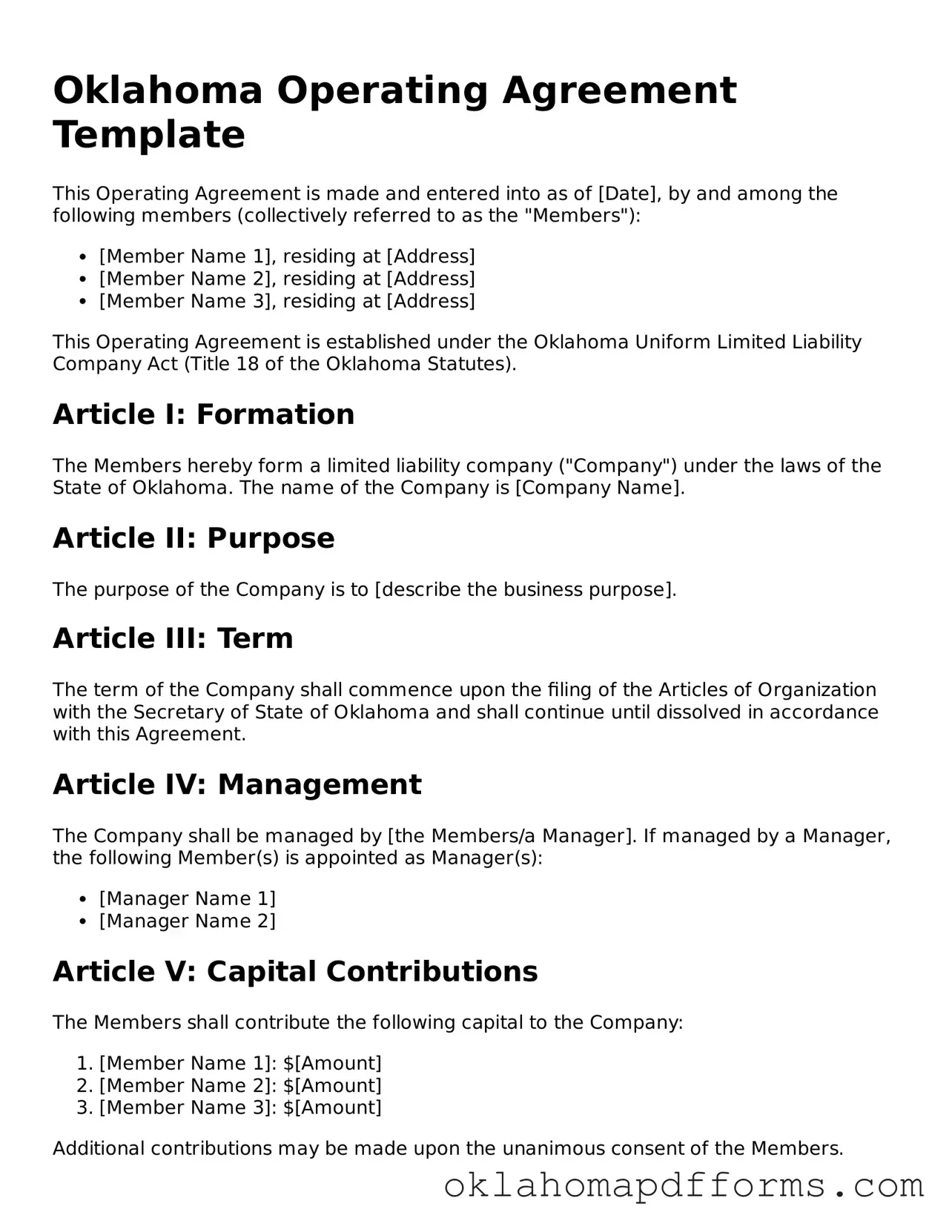 Free Operating Agreement Document for the State of Oklahoma