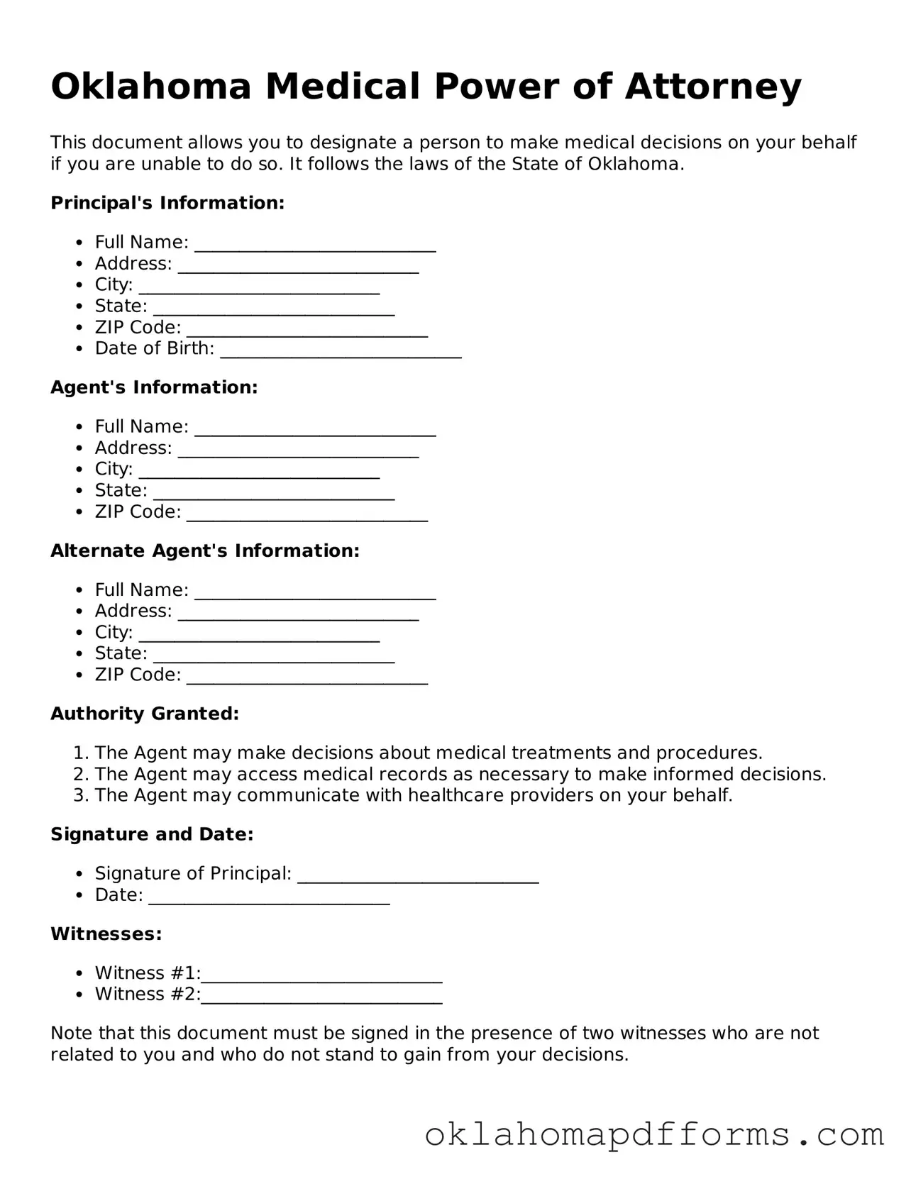 Free Medical Power of Attorney Document for the State of Oklahoma