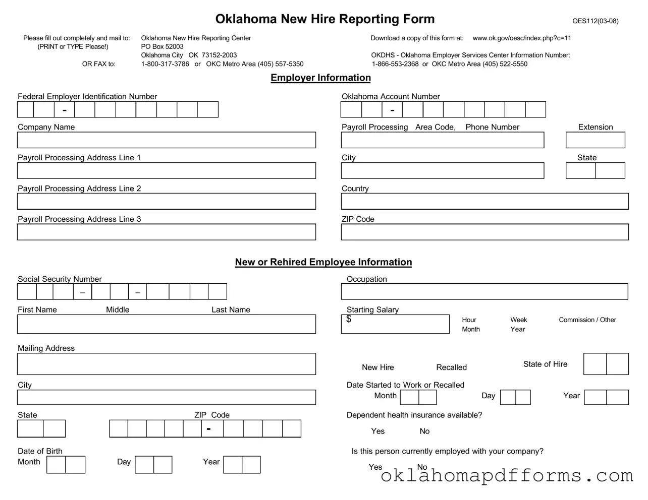 Fill Your Oklahoma New Hire Reporting Form