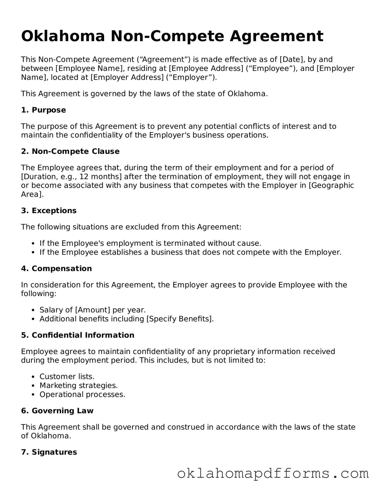 Free Non-compete Agreement Document for the State of Oklahoma