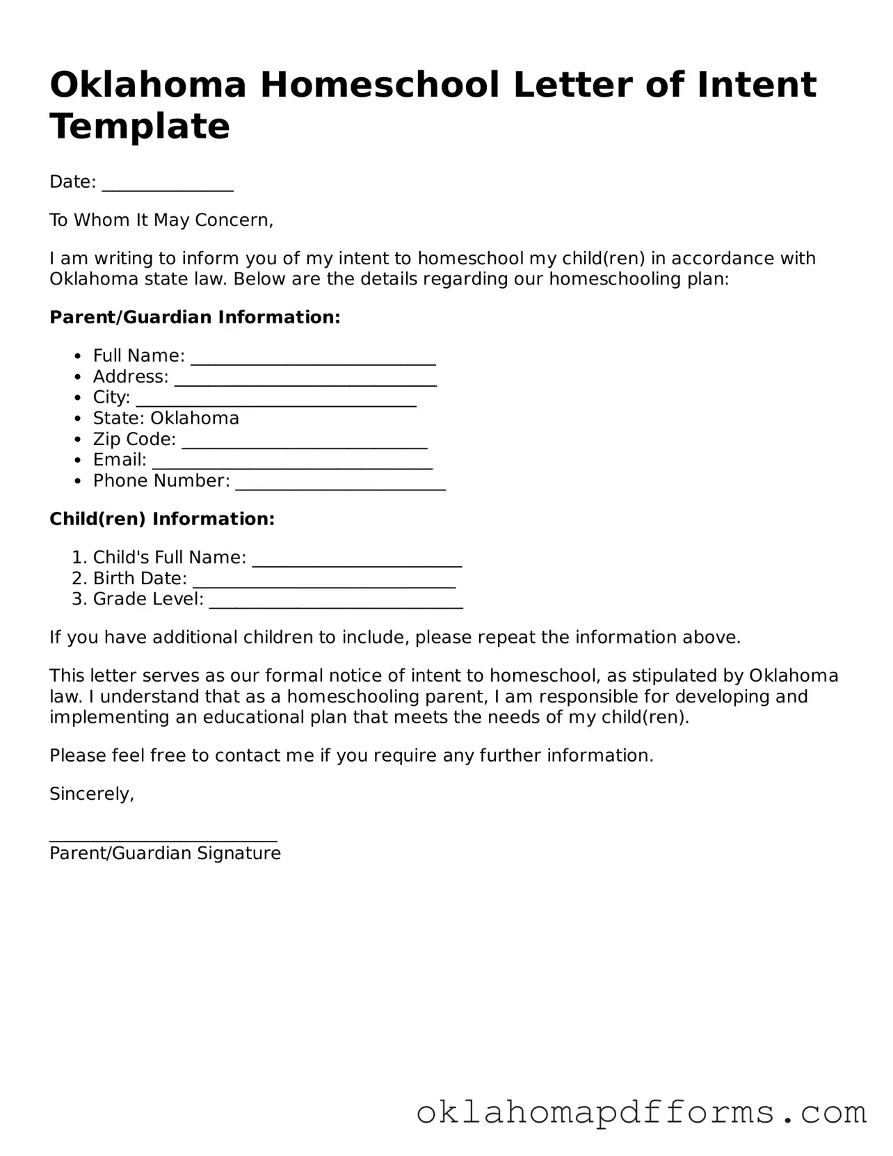 Free Homeschool Letter of Intent Document for the State of Oklahoma