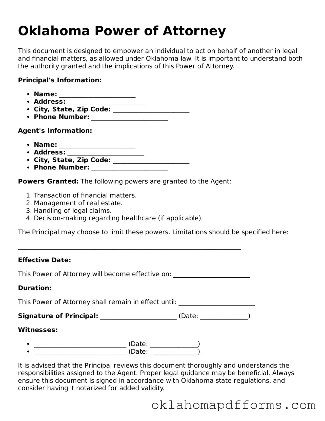 Free Power of Attorney Document for the State of Oklahoma