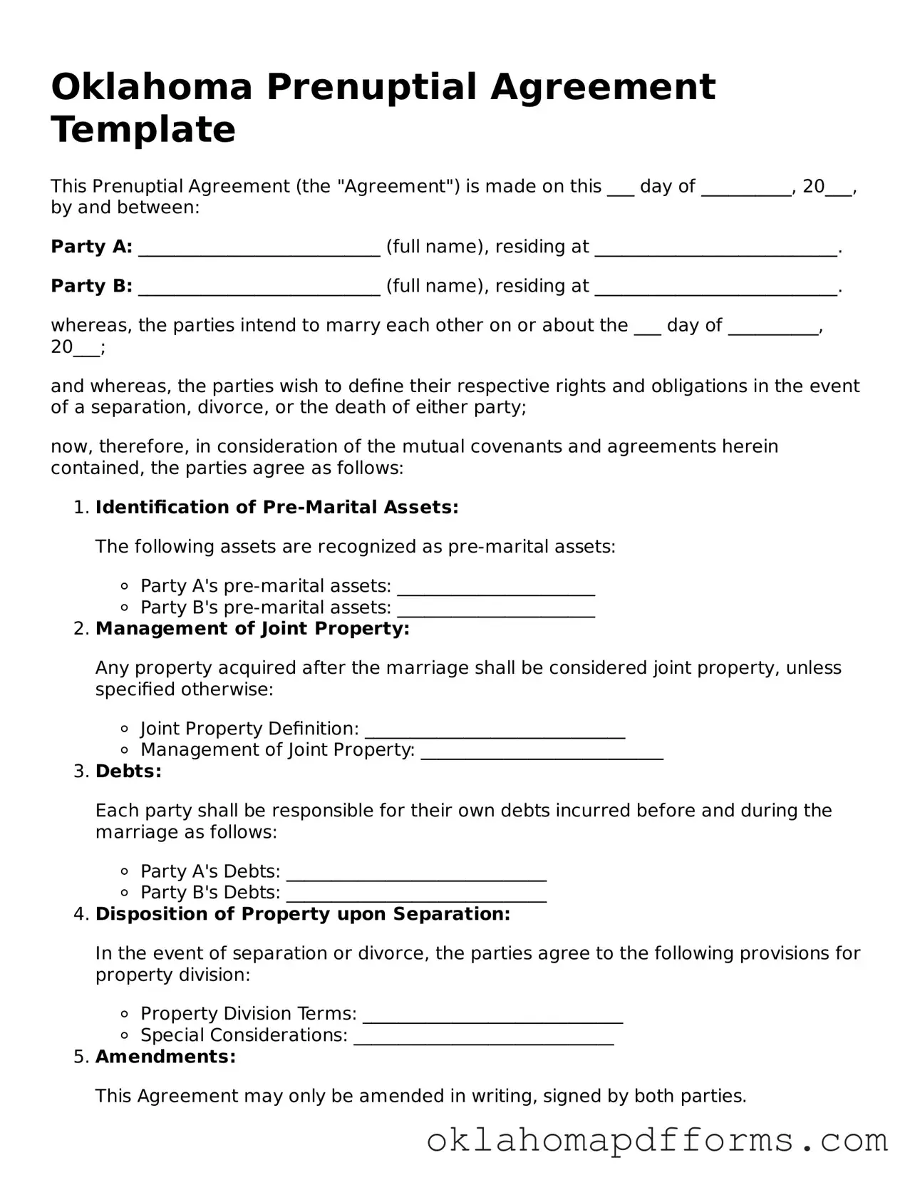 Free Prenuptial Agreement Document for the State of Oklahoma