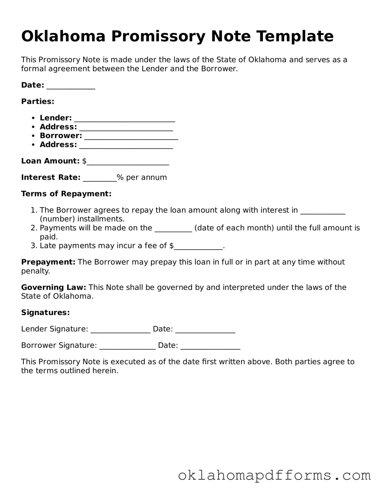 Free Promissory Note Document for the State of Oklahoma