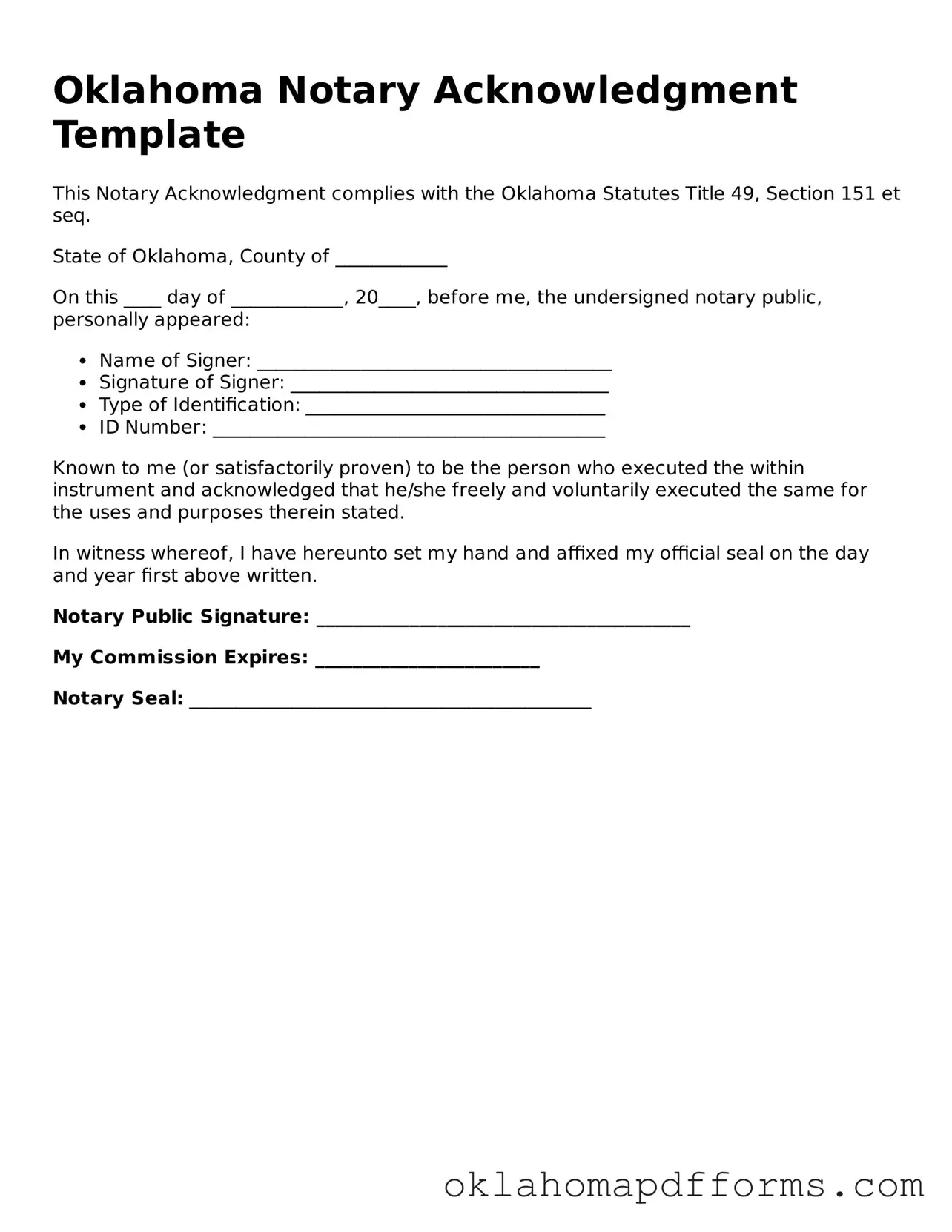 Free Notary Acknowledgement Document for the State of Oklahoma