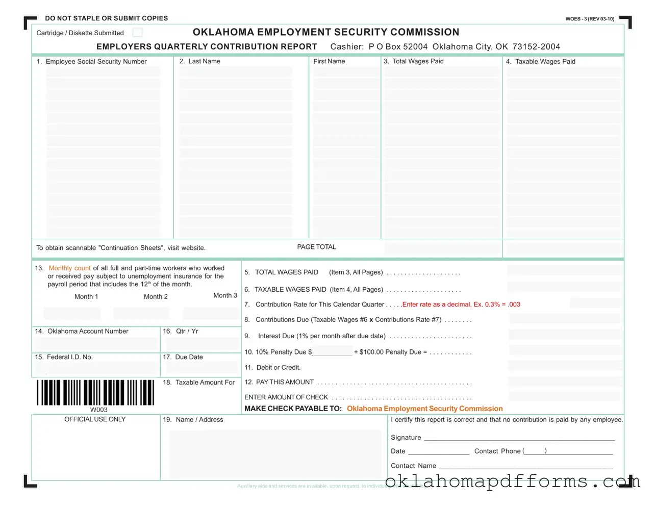 Fill Your Oklahoma Quarterly Contribution Report Form