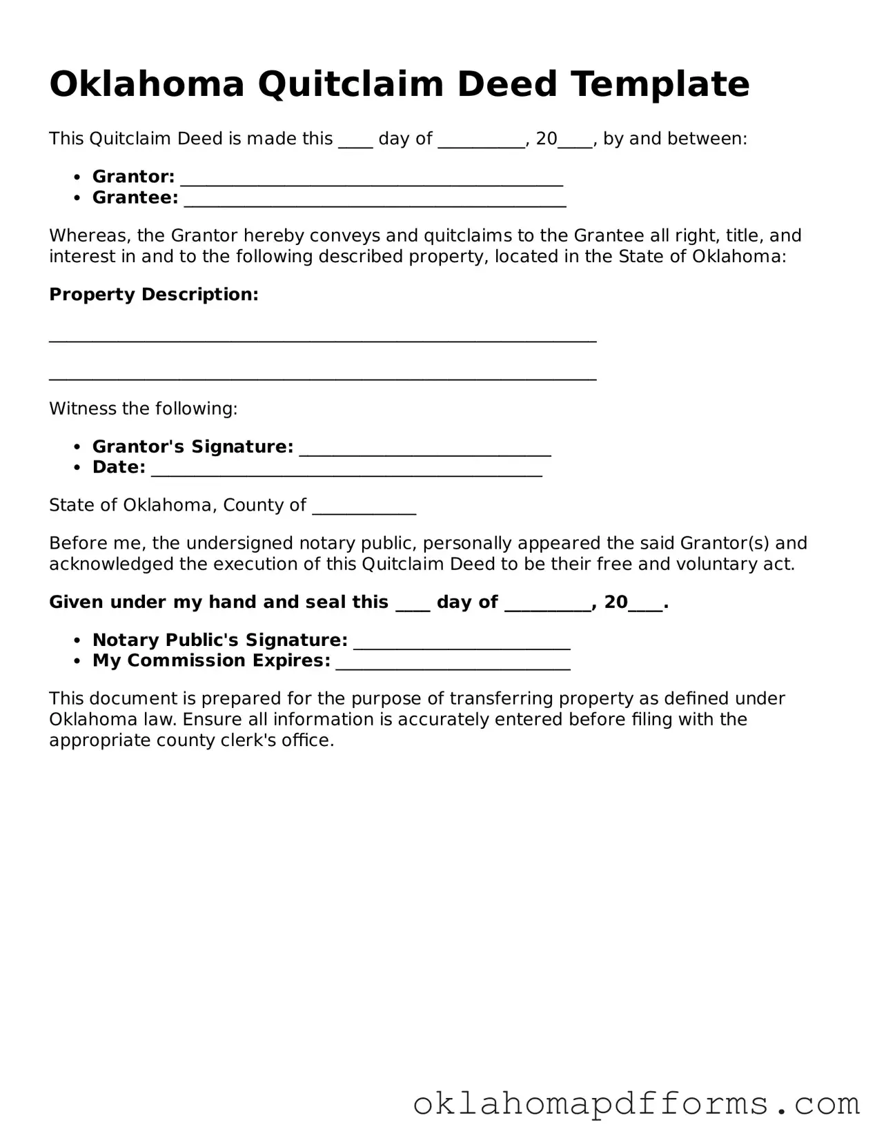 Free Quitclaim Deed Document for the State of Oklahoma