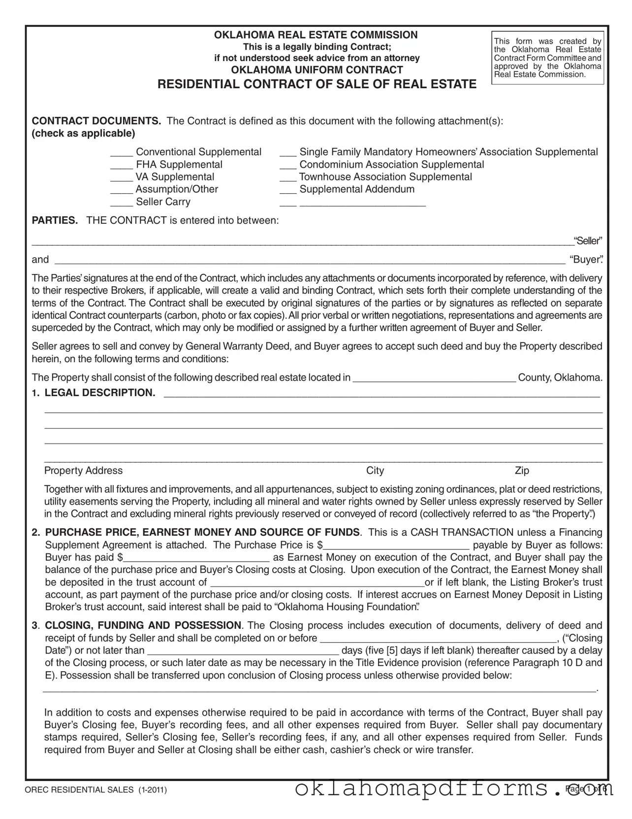 Fill Your Oklahoma Real Estate Contract Sale Form