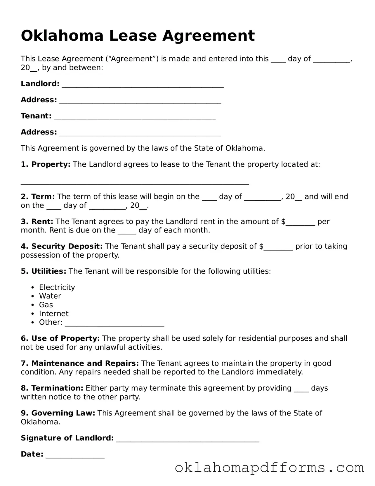 Free Lease Agreement Document for the State of Oklahoma