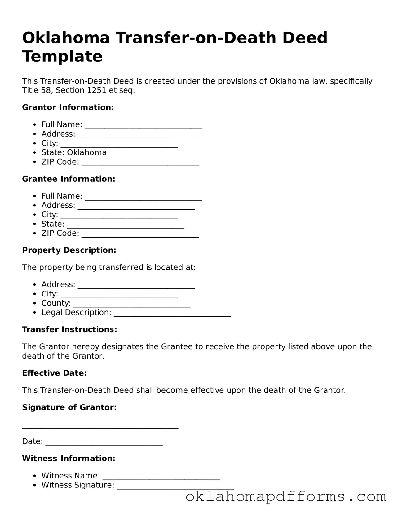 Free Transfer-on-Death Deed Document for the State of Oklahoma