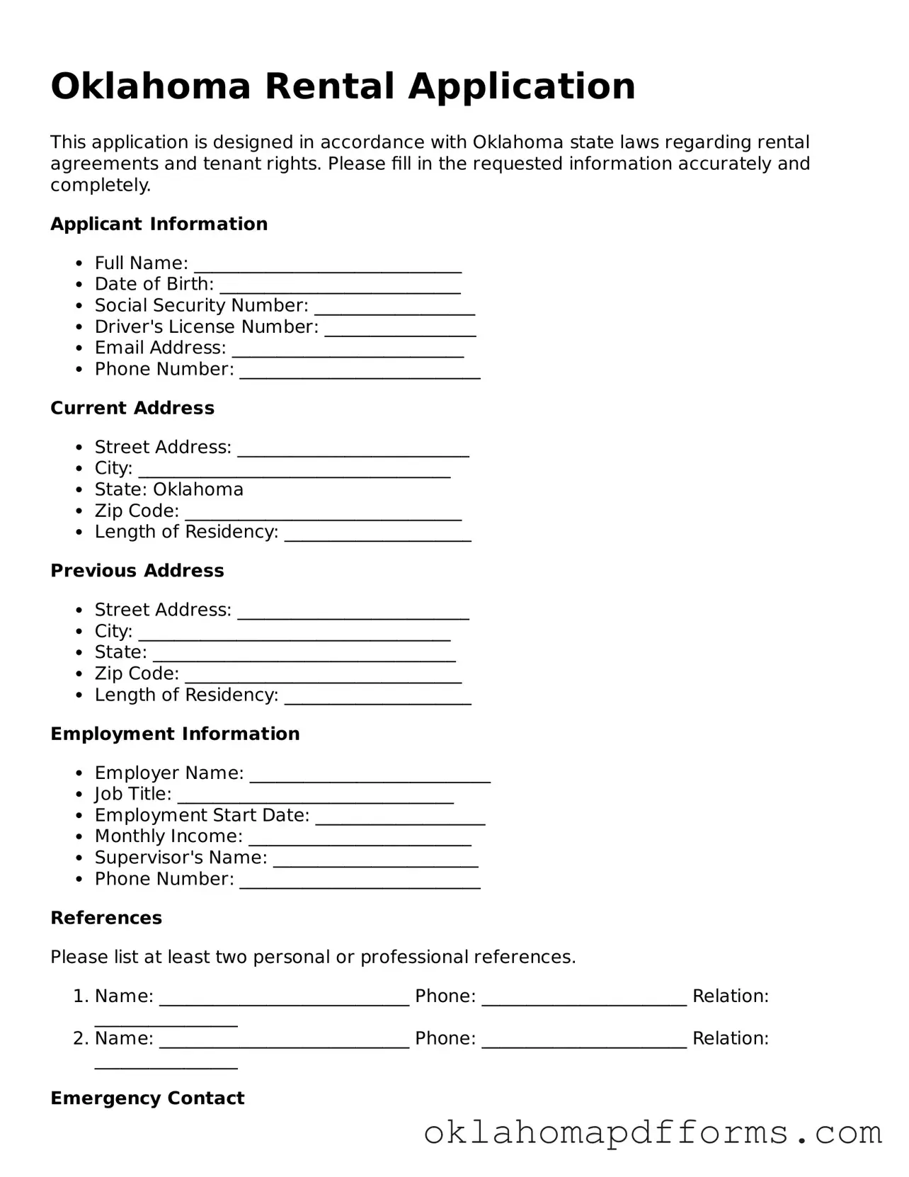 Free Rental Application Document for the State of Oklahoma
