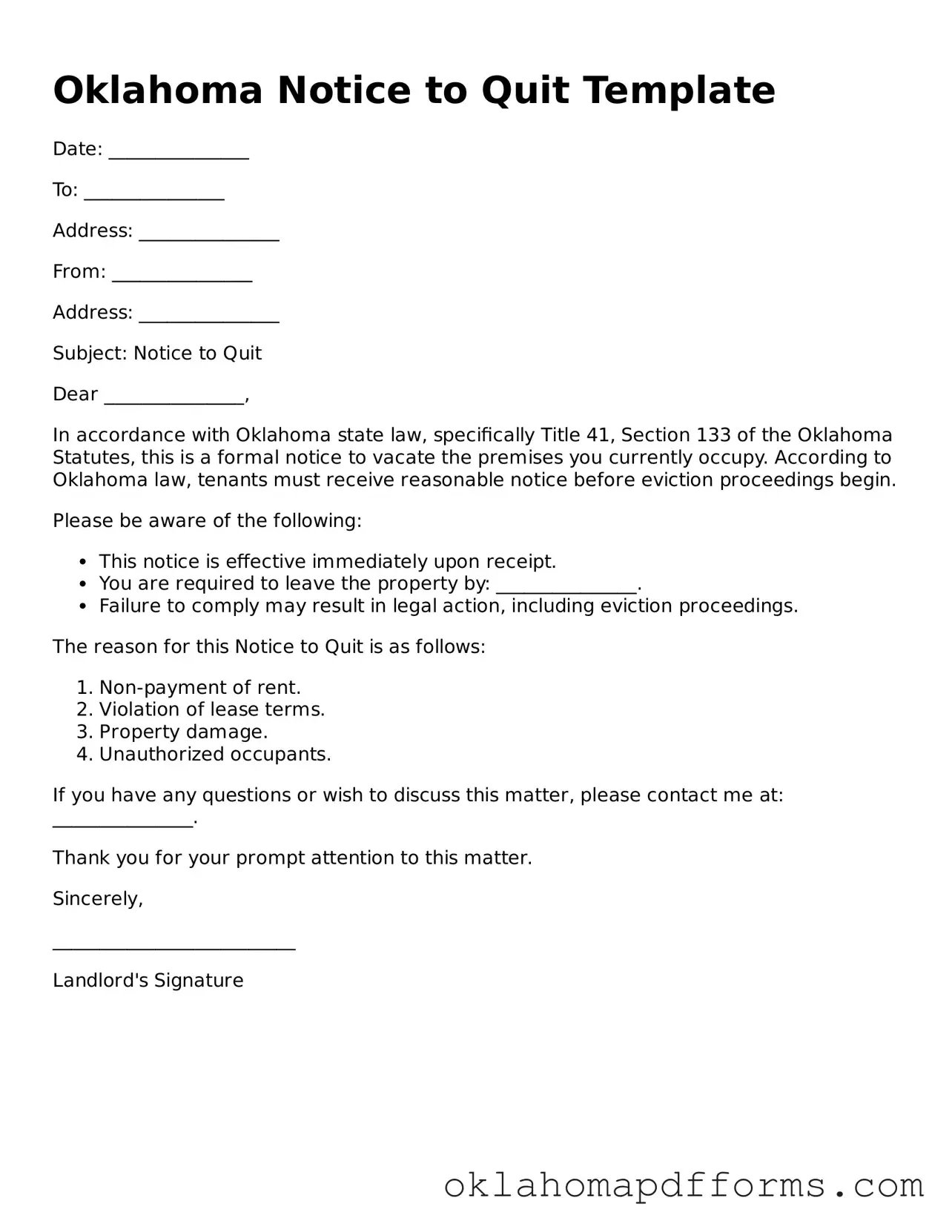 Free Notice to Quit Document for the State of Oklahoma