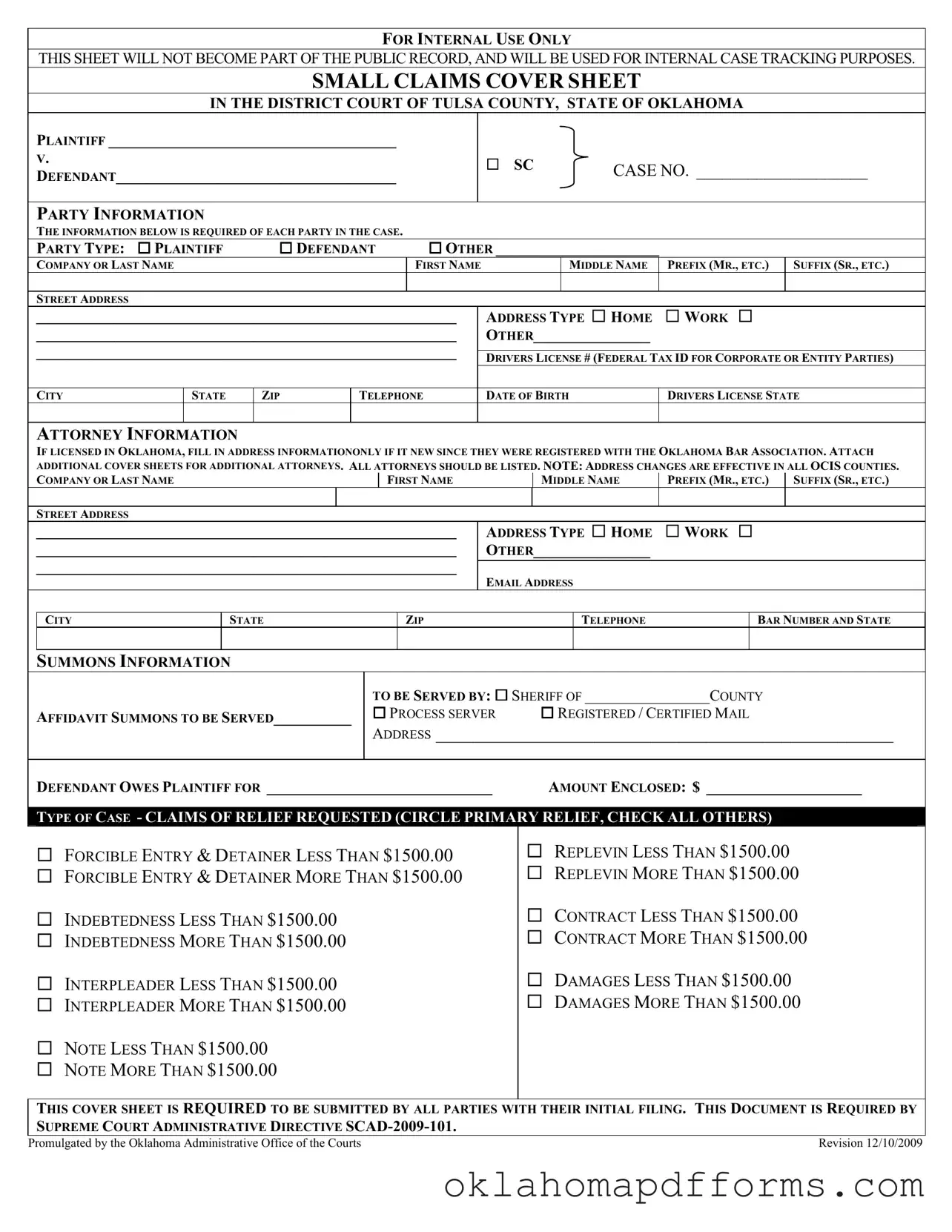 Fill Your Oklahoma Tulsa Small Claims Form
