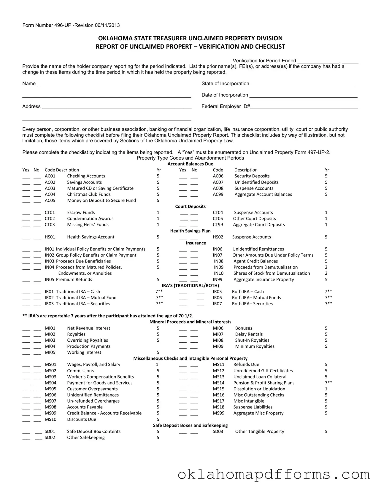 Fill Your Oklahoma Unclaimed Property 496 Up Form