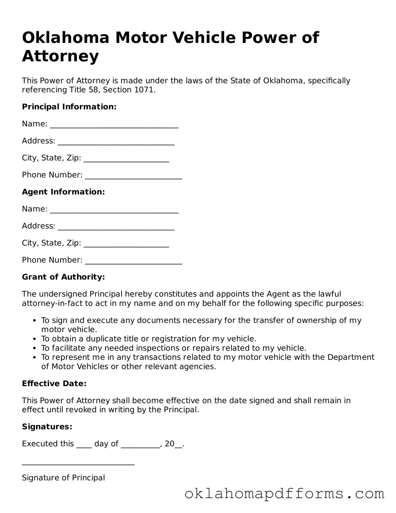 Free Motor Vehicle Power of Attorney Document for the State of Oklahoma