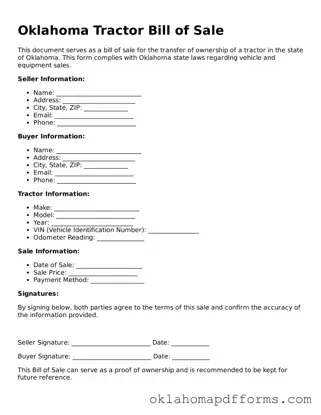 Free Tractor Bill of Sale Document for the State of Oklahoma