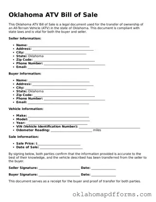 Free ATV Bill of Sale Document for the State of Oklahoma
