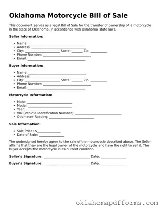 Free Motorcycle Bill of Sale Document for the State of Oklahoma