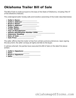 Free Trailer Bill of Sale Document for the State of Oklahoma