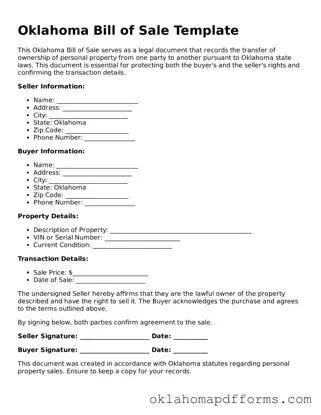 Free Bill of Sale Document for the State of Oklahoma