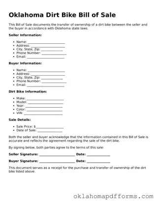 Free Dirt Bike Bill of Sale Document for the State of Oklahoma