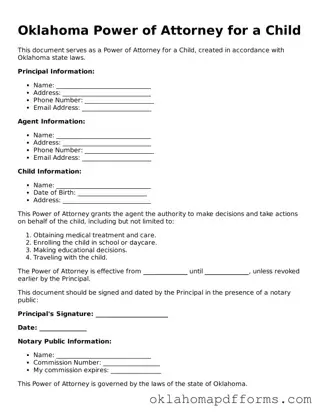Free Power of Attorney for a Child Document for the State of Oklahoma