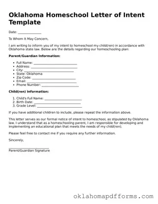 Free Homeschool Letter of Intent Document for the State of Oklahoma